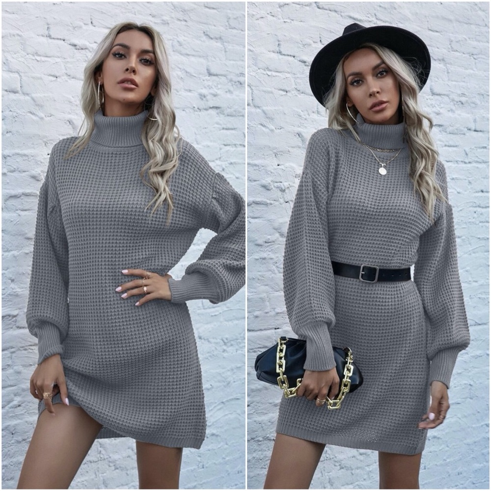 Green turtleneck lantern sleeve sweater Knit Dress - Picture 4 of 12